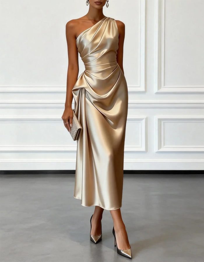 Solid Color Satin One Shoulder Pleated Midi Dress