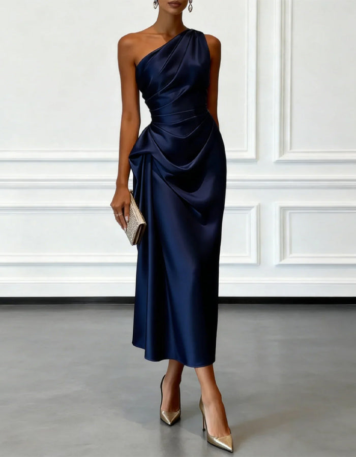 Solid Color Satin One Shoulder Pleated Midi Dress