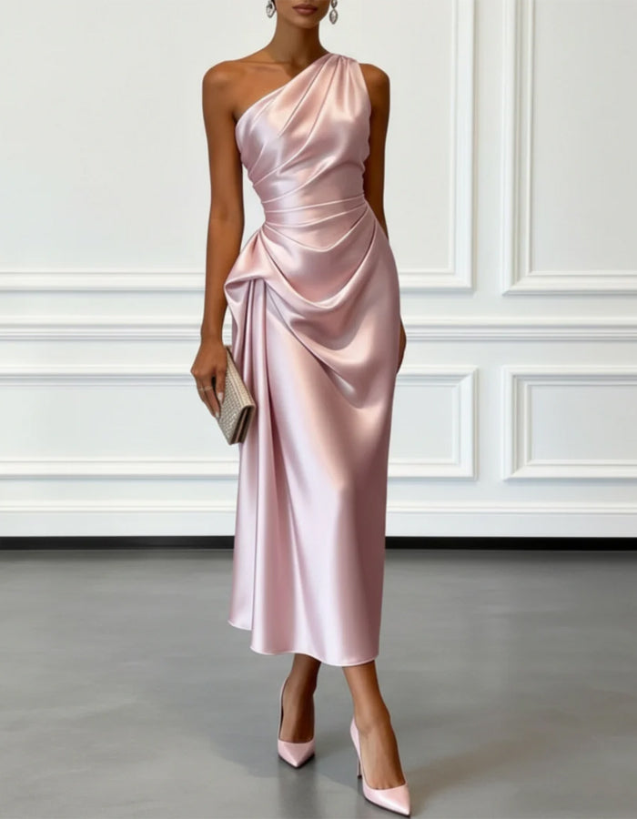 Solid Color Satin One Shoulder Pleated Midi Dress