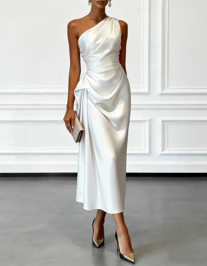 Solid Color Satin One Shoulder Pleated Midi Dress