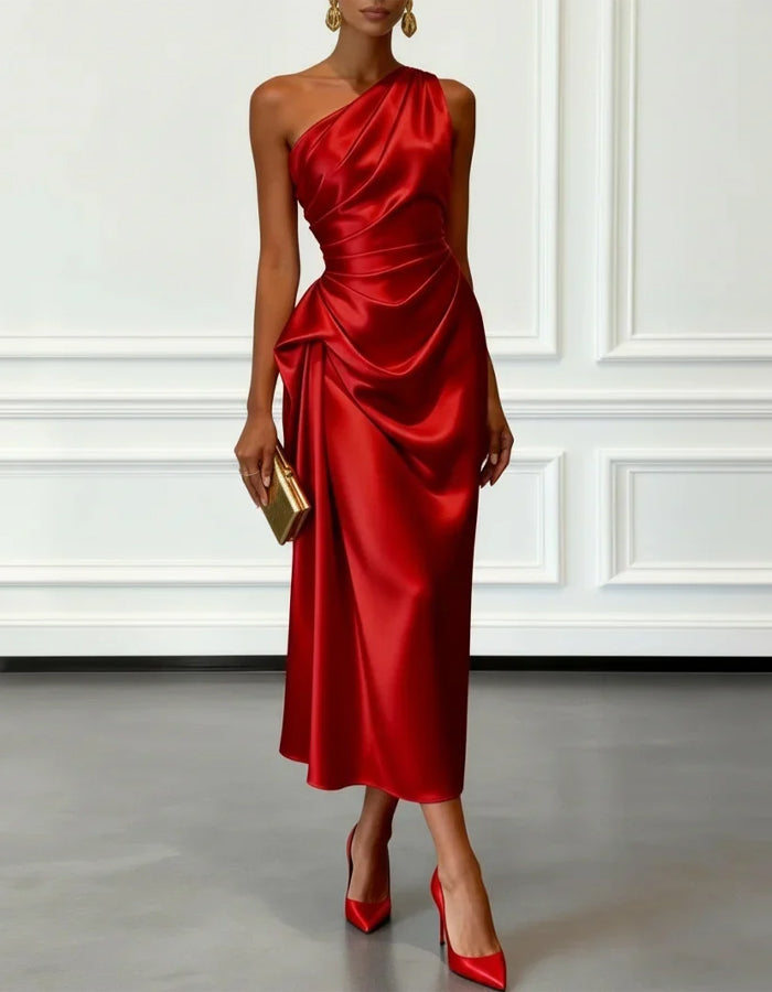 Solid Color Satin One Shoulder Pleated Midi Dress