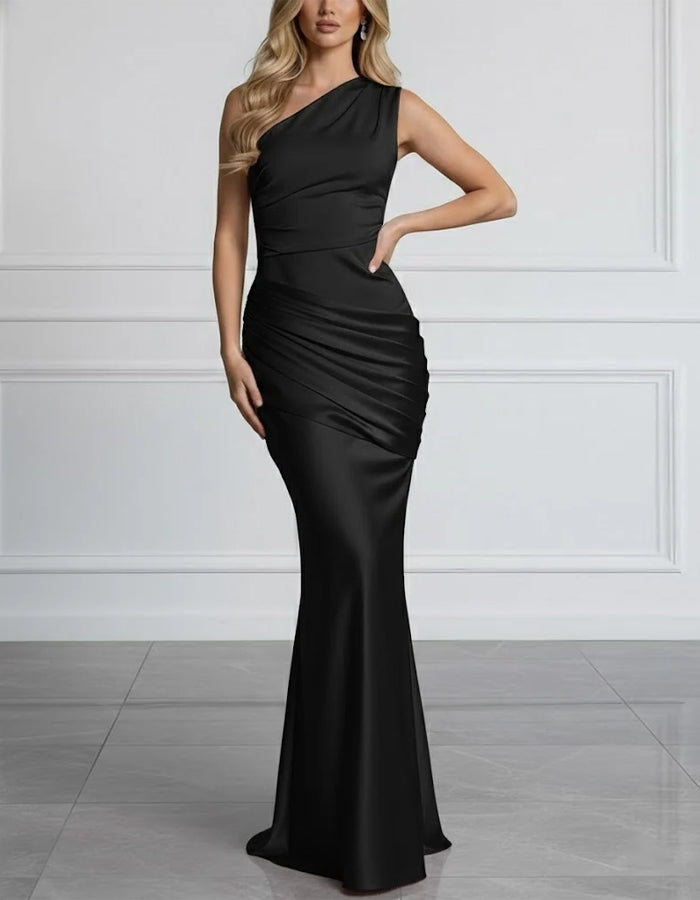 Solid Color Satin One Shoulder Twisted Fishtail Maxi Dress