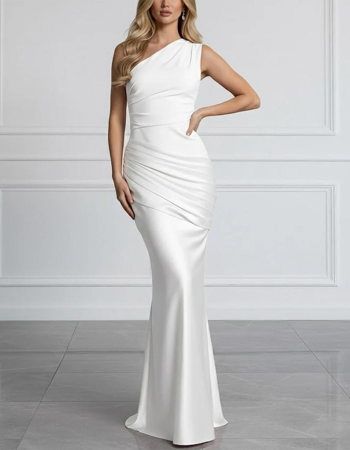 Solid Color Satin One Shoulder Twisted Fishtail Maxi Dress