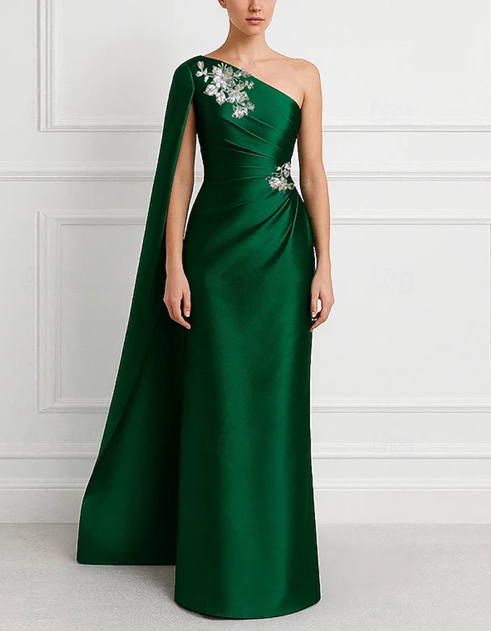 Green Satin One Shoulder Appliqué Cape Maxi Dress