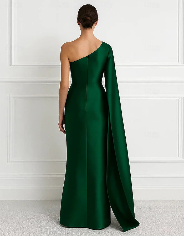 Green Satin One Shoulder Appliqué Cape Maxi Dress