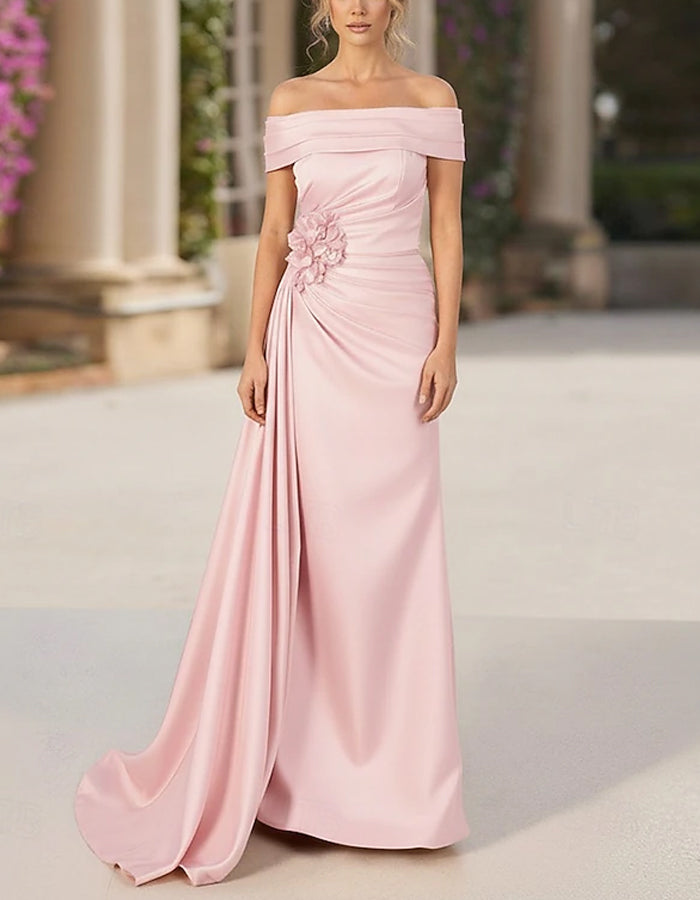 Solid Color Satin Off Shoulder 3D Floral Train Maxi Dress