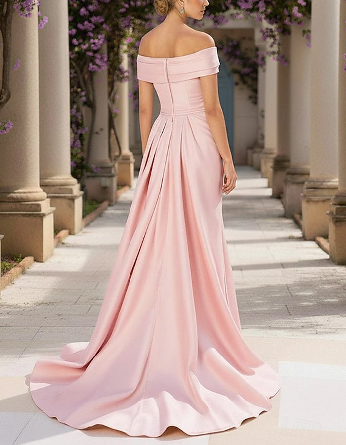 Solid Color Satin Off Shoulder 3D Floral Train Maxi Dress