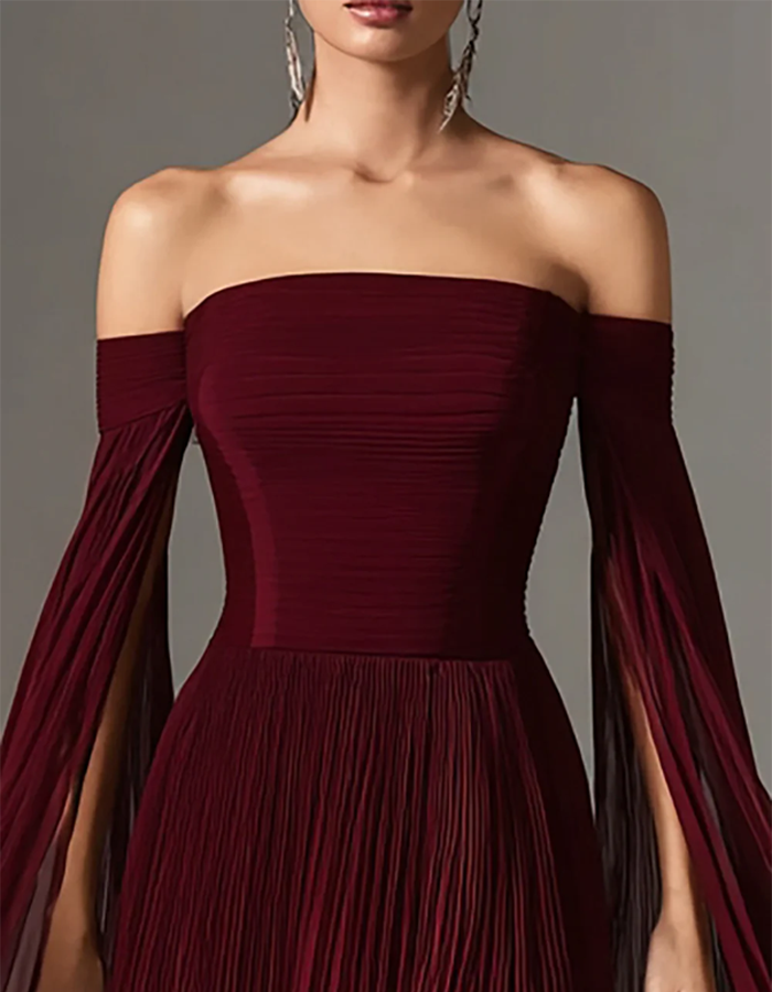 Off-the-Shoulder Pleated Shawl-Sleeve Maxi Dress