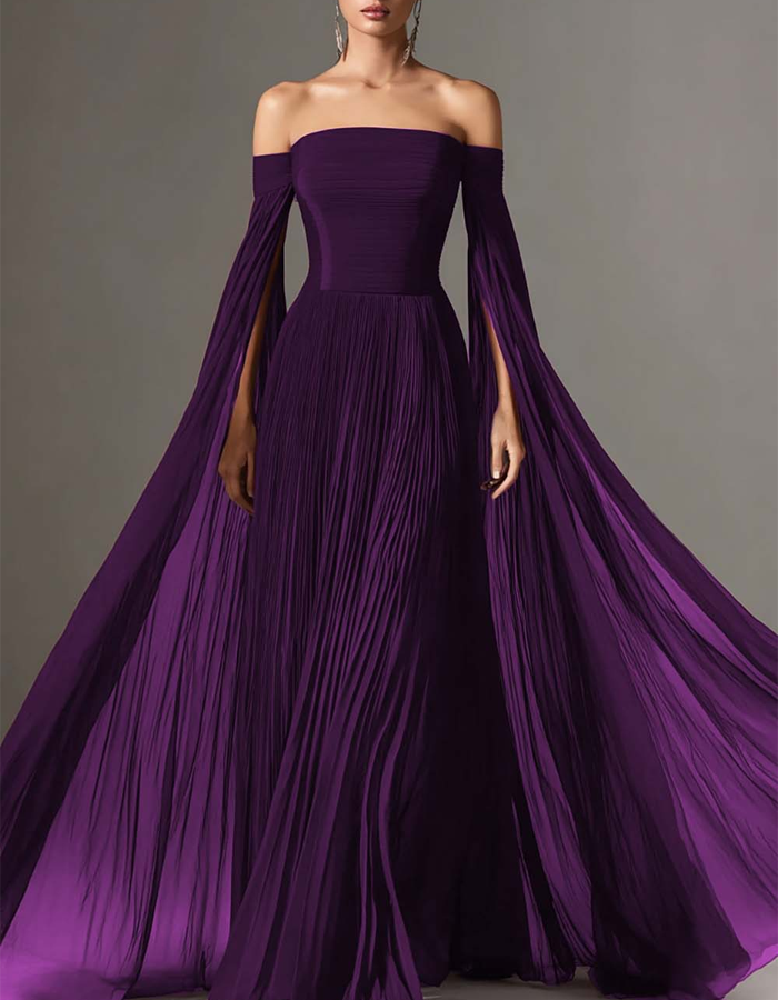 Off-the-Shoulder Pleated Shawl-Sleeve Maxi Dress