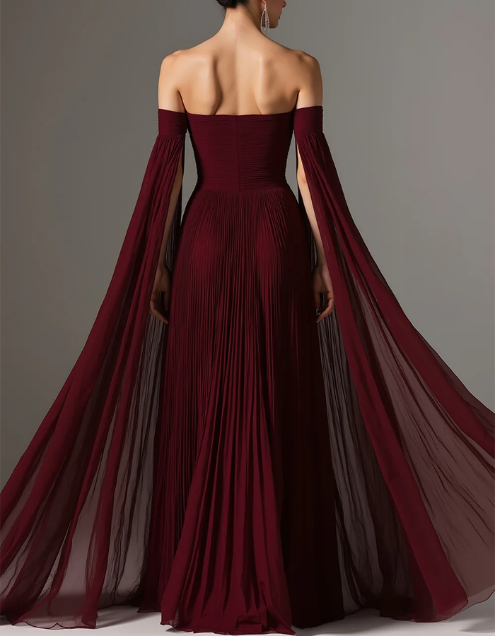 Off-the-Shoulder Pleated Shawl-Sleeve Maxi Dress