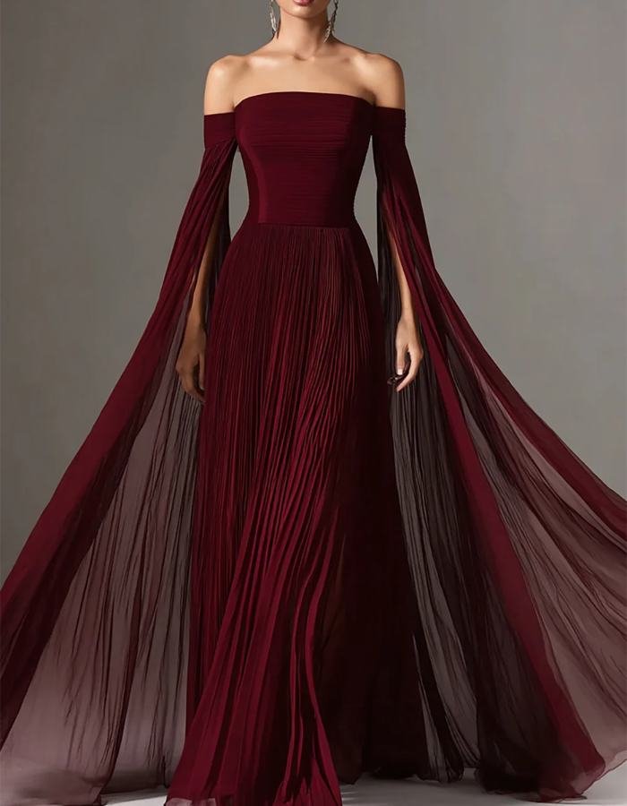 Off-the-Shoulder Pleated Shawl-Sleeve Maxi Dress