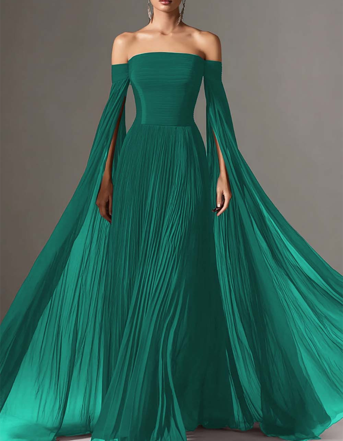 Off-the-Shoulder Pleated Shawl-Sleeve Maxi Dress
