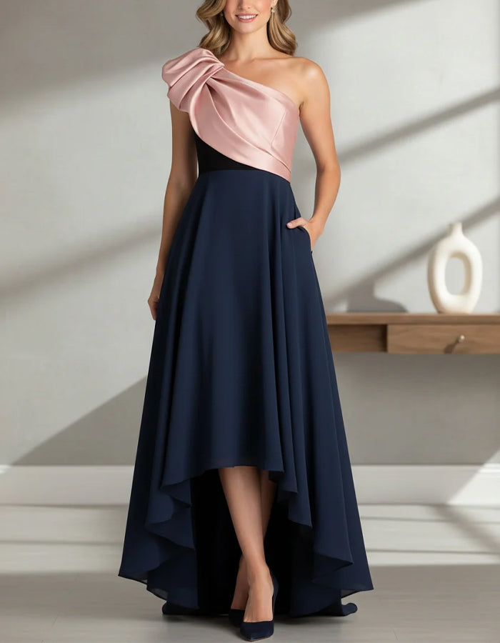 Color Blocked One Shoulder Twisted Hem Maxi Dress