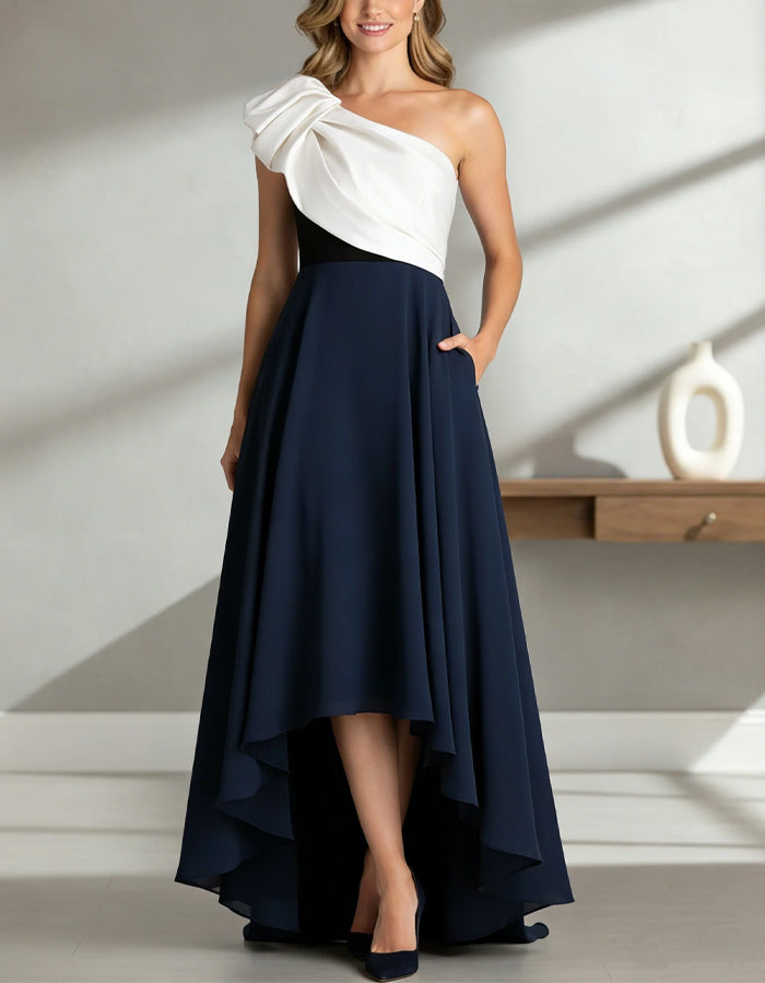 Color Blocked One Shoulder Twisted Hem Maxi Dress