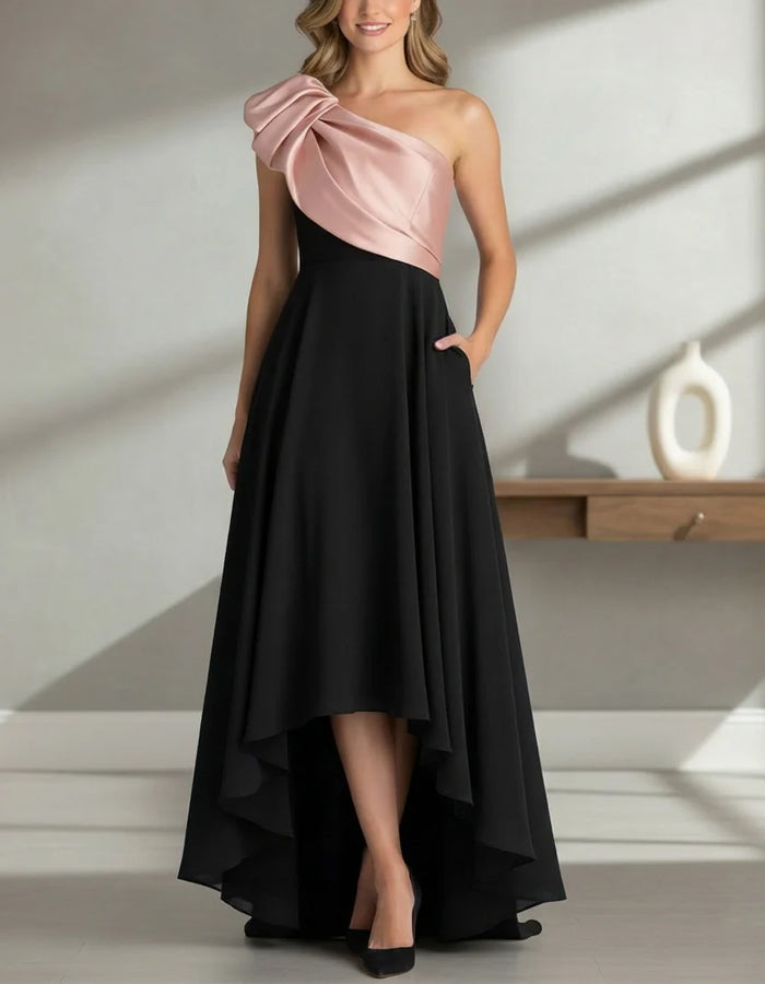 Color Blocked One Shoulder Twisted Hem Maxi Dress