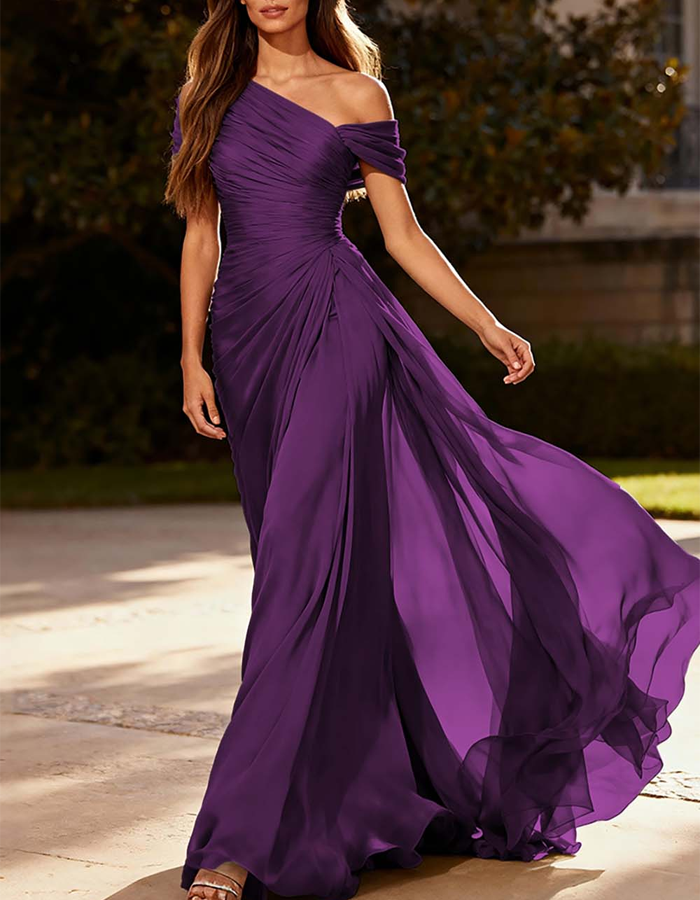 Vestido largo de chifón plisado con un solo hombro