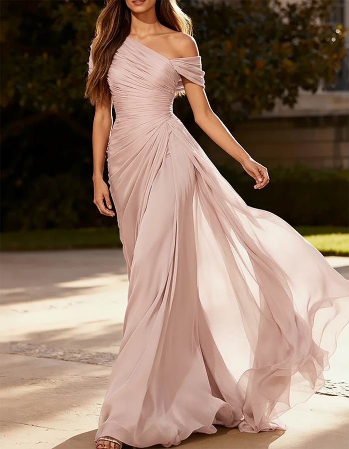 Vestido largo de chifón plisado con un solo hombro