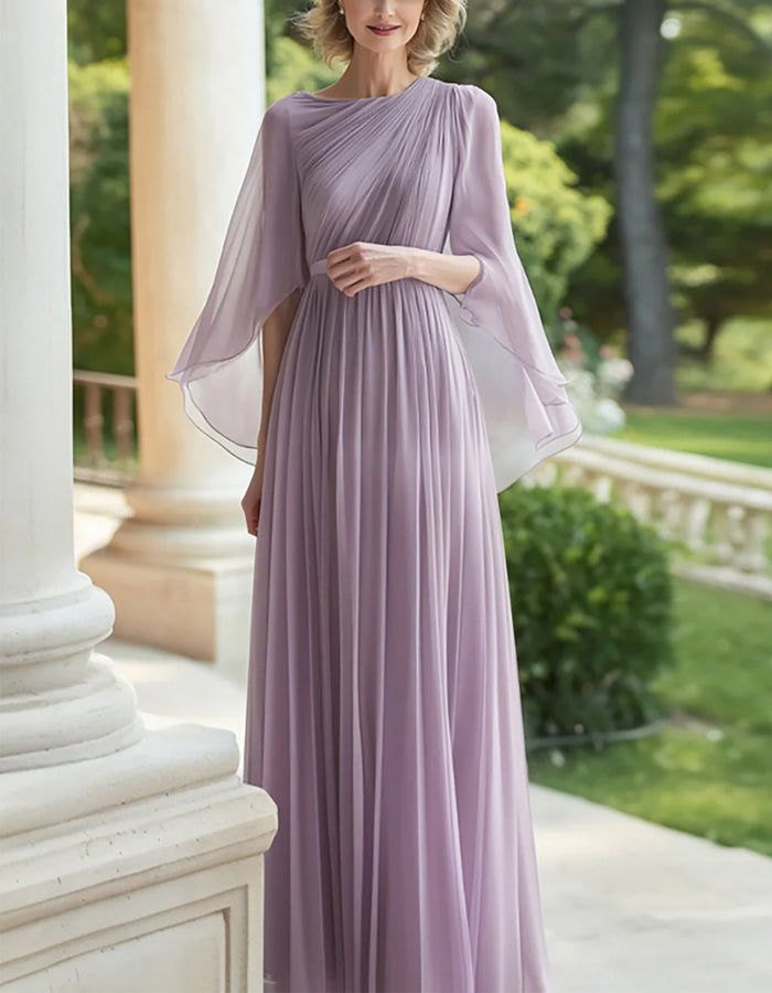 Solid Color Chiffon Shawl Sleeves With A Cinched Waist Maxi Dress