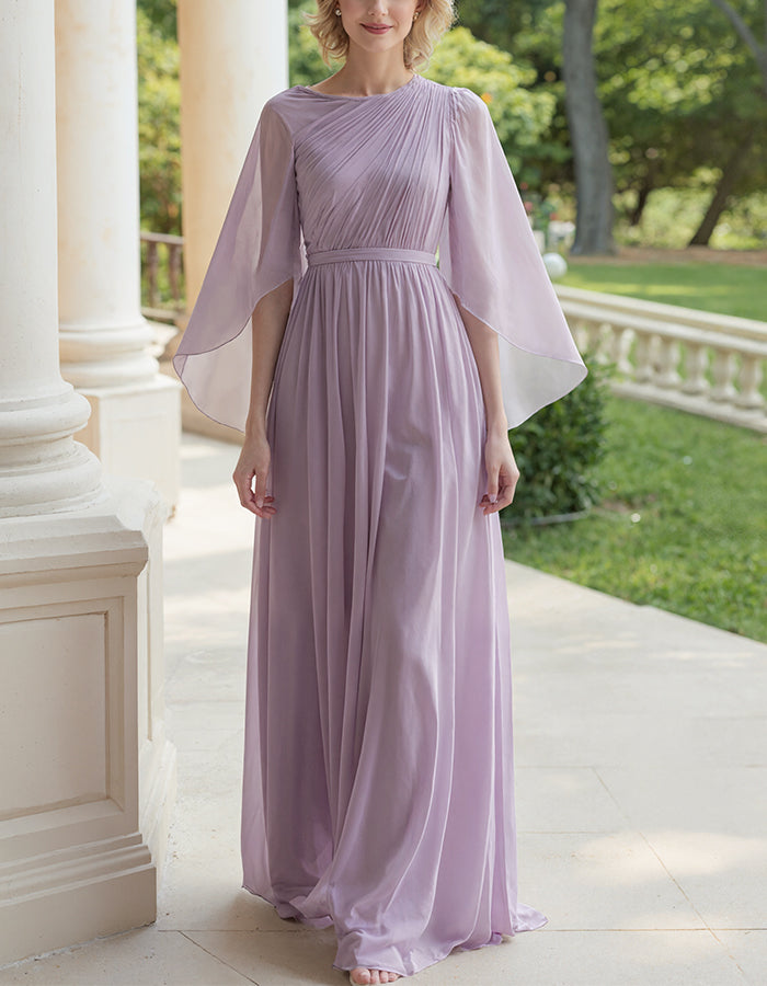 Solid Color Chiffon Shawl Sleeves With A Cinched Waist Maxi Dress