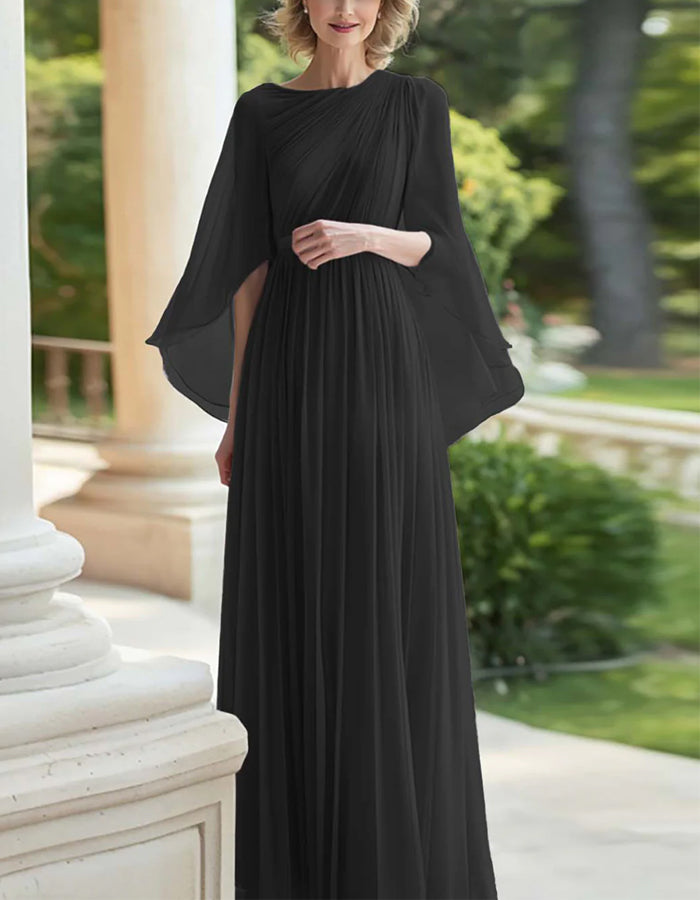 Solid Color Chiffon Shawl Sleeves With A Cinched Waist Maxi Dress