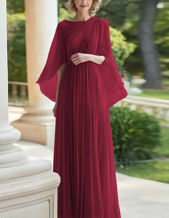 Solid Color Chiffon Shawl Sleeves With A Cinched Waist Maxi Dress