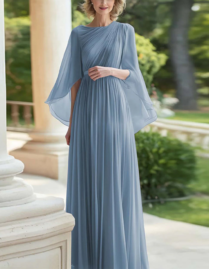 Solid Color Chiffon Shawl Sleeves With A Cinched Waist Maxi Dress