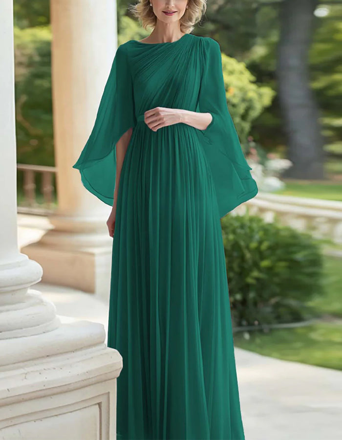 Solid Color Chiffon Shawl Sleeves With A Cinched Waist Maxi Dress