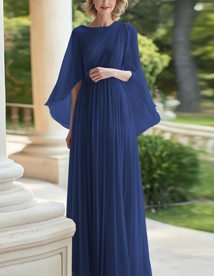 Solid Color Chiffon Shawl Sleeves With A Cinched Waist Maxi Dress
