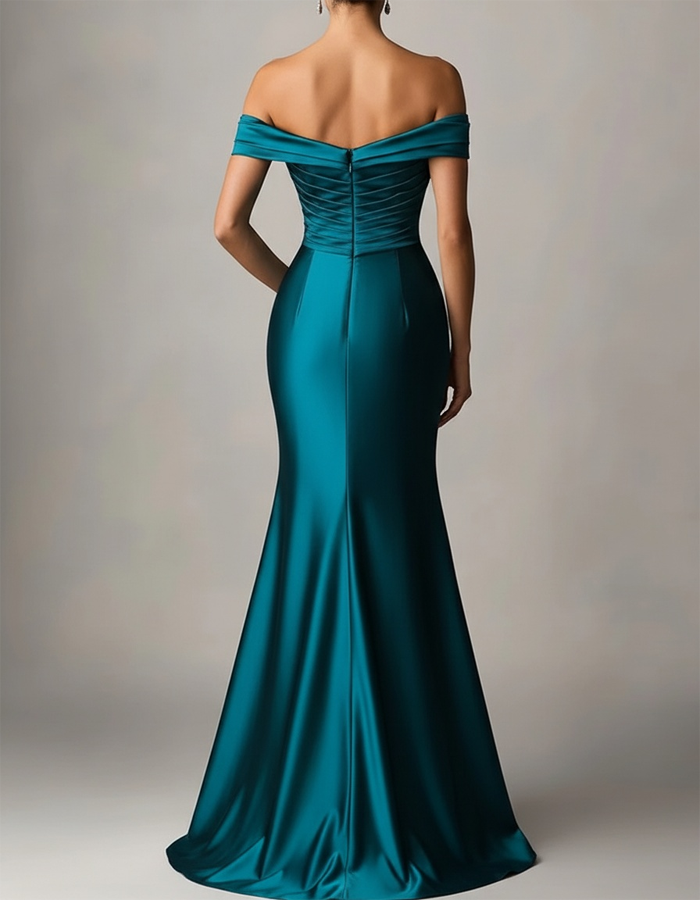 Off-the-Shoulder Pleated Satin Mermaid Maxi Dress