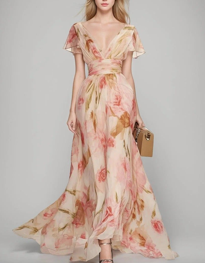 V-Neck Printed Chiffon Maxi Dress