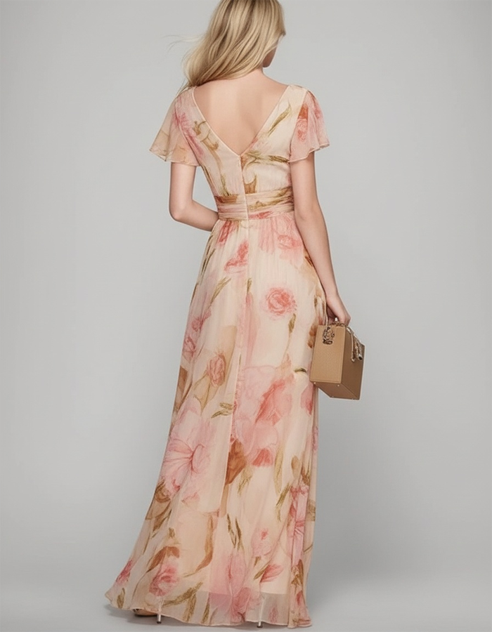 Vestido largo de chifón estampado con cuello en V