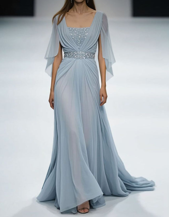 Ice Blue Chiffon Cape Sleeves Maxi Dress