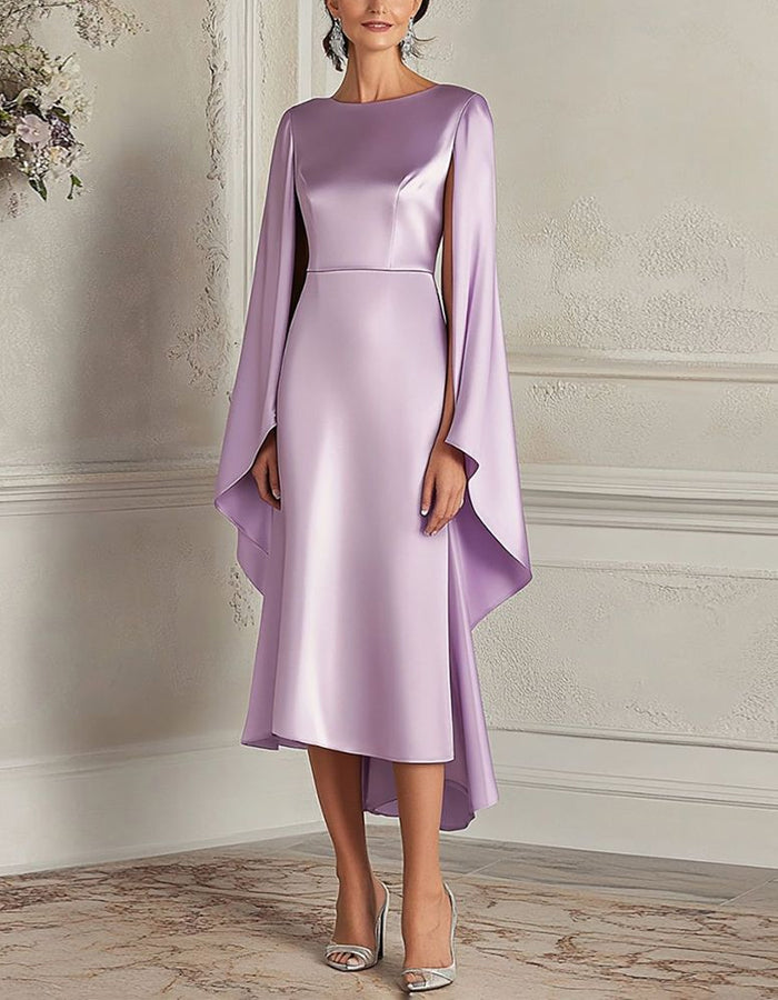 Taro Purple Satin Cape With Fitted Sleeves And Waist Midi Dress