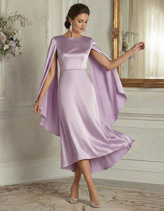 Taro Purple Satin Cape With Fitted Sleeves And Waist Midi Dress