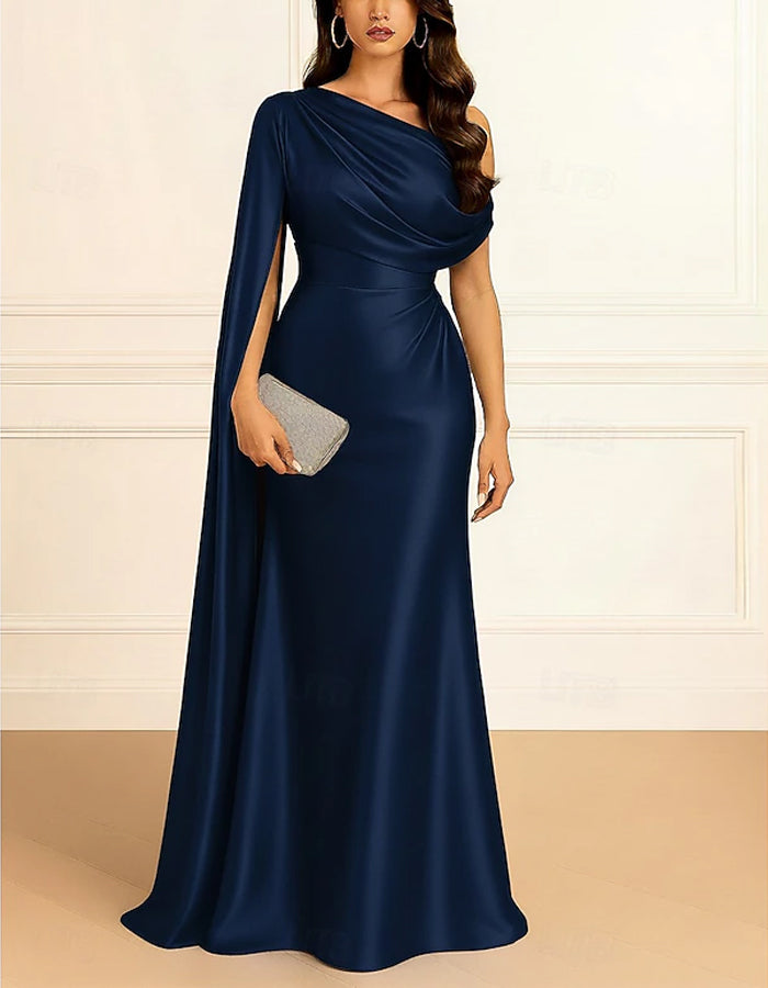 Navy Blue Satin One Shoulder Cape Fishtail Maxi Dress