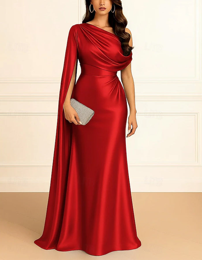 Navy Blue Satin One Shoulder Cape Fishtail Maxi Dress
