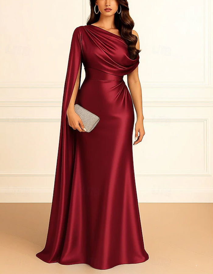 Navy Blue Satin One Shoulder Cape Fishtail Maxi Dress