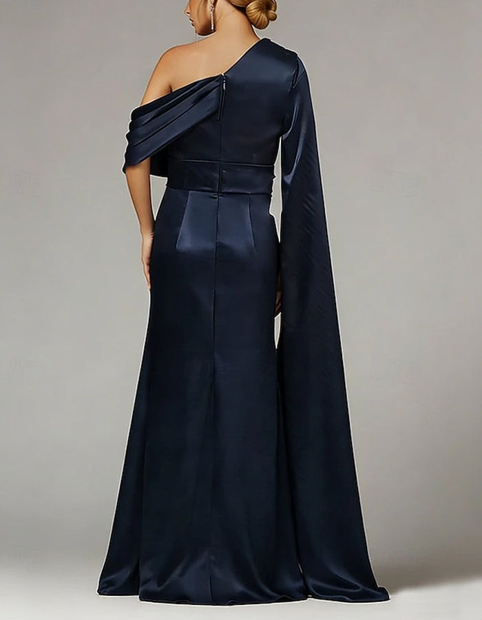 Navy Blue Satin One Shoulder Cape Fishtail Maxi Dress