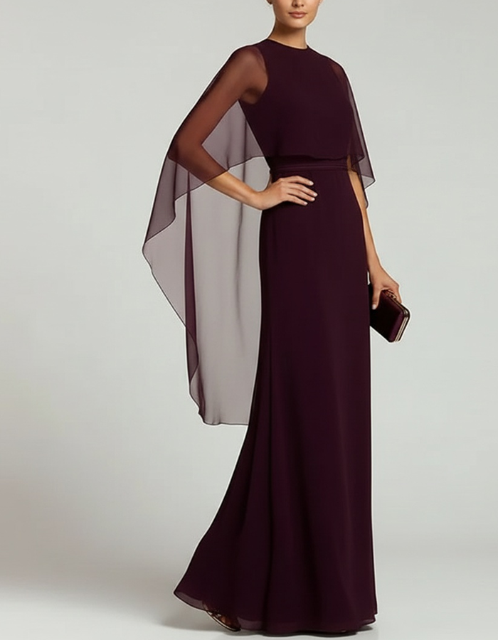 Burgundy Chiffon Shawl-Sleeve Straight-Cut Maxi Dress