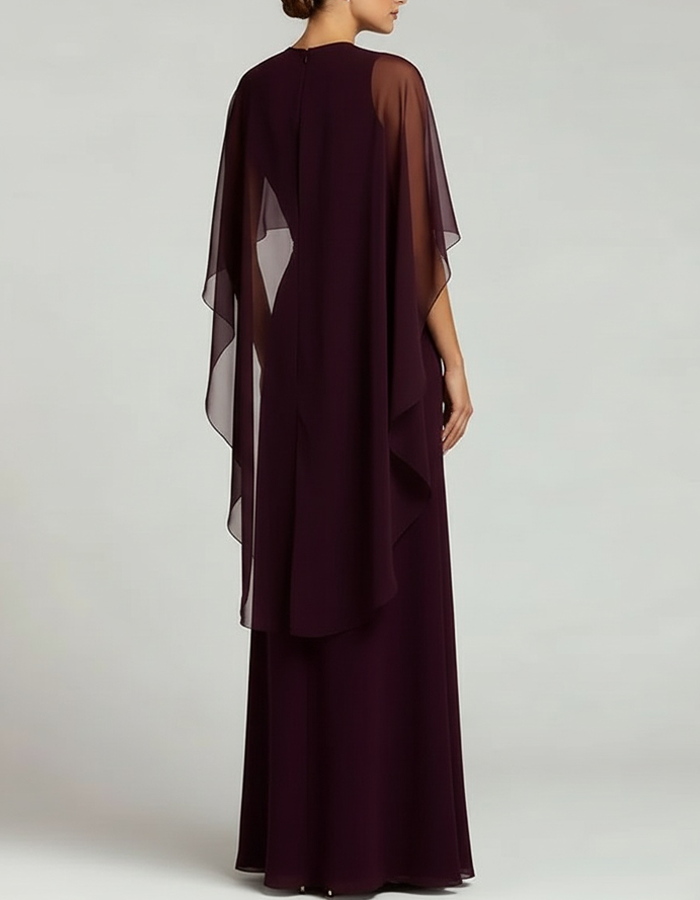 Burgundy Chiffon Shawl-Sleeve Straight-Cut Maxi Dress