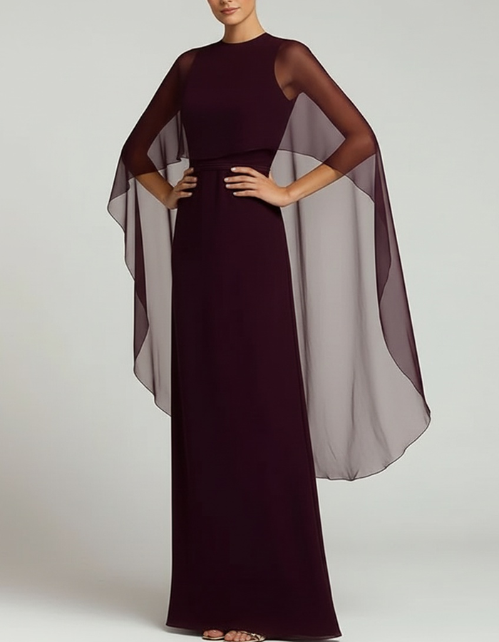 Burgundy Chiffon Shawl-Sleeve Straight-Cut Maxi Dress