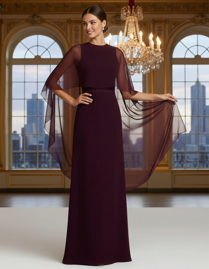 Burgundy Chiffon Shawl-Sleeve Straight-Cut Maxi Dress