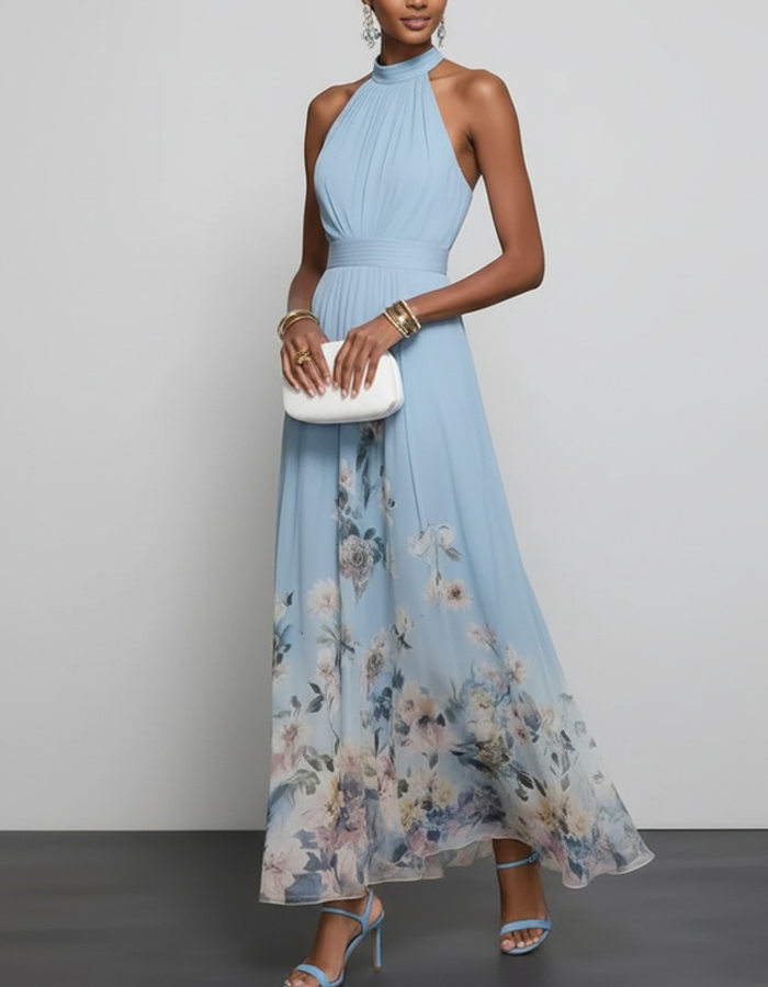 Robe longue en mousseline imprimée à col Hallet
