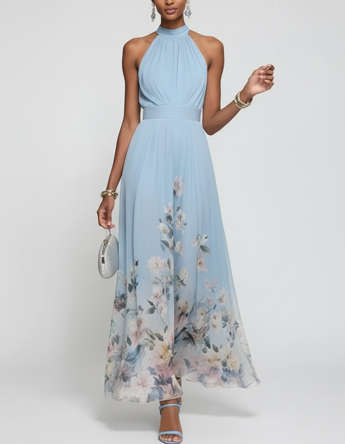Vestido largo de chifón estampado con cuello Halter