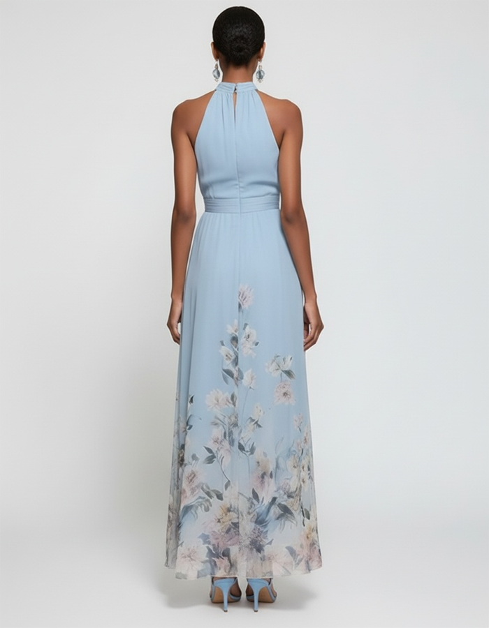 Vestido largo de chifón estampado con cuello Halter