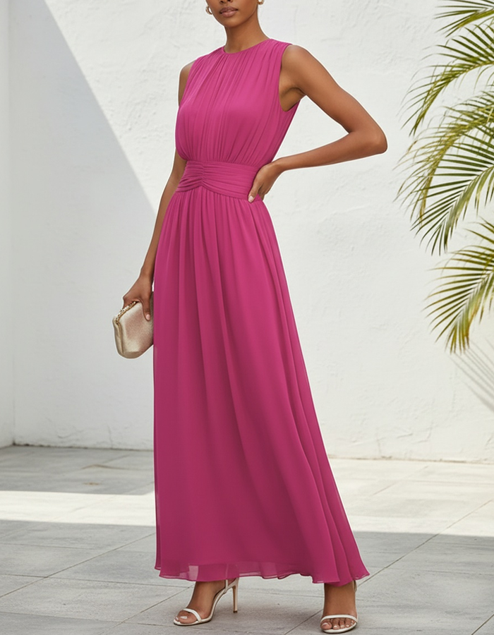 Pleated High-Neck Chiffon Maxi Dress