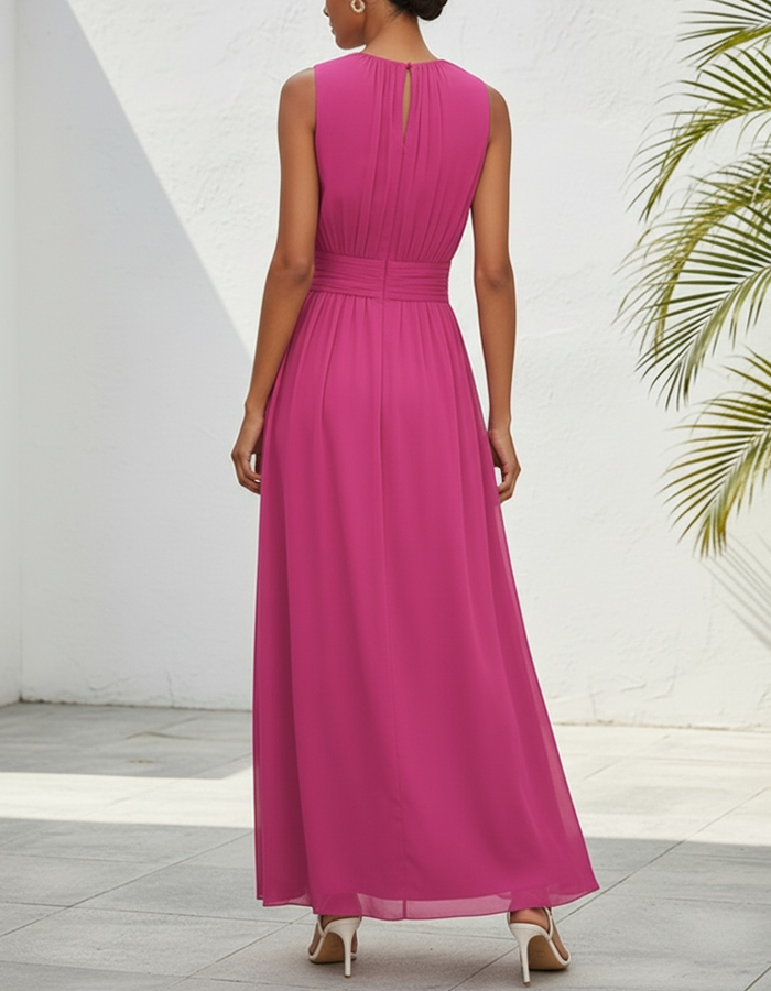 Pleated High-Neck Chiffon Maxi Dress