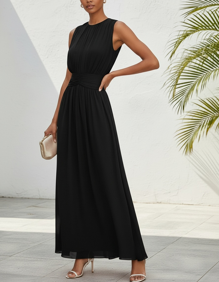 Pleated High-Neck Chiffon Maxi Dress