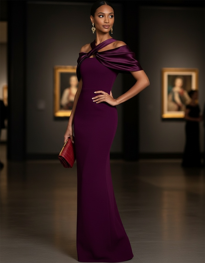 Vestido largo de sirena sin espalda con diseño torcido de satén color ciruela