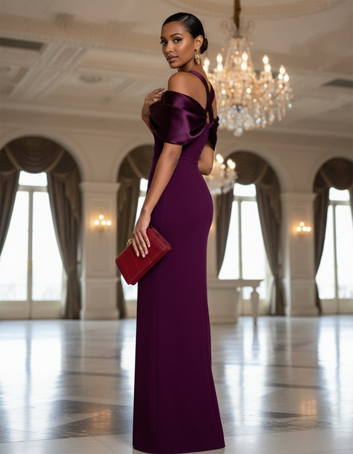 Robe longue sirène torsadée dos nu en satin prune